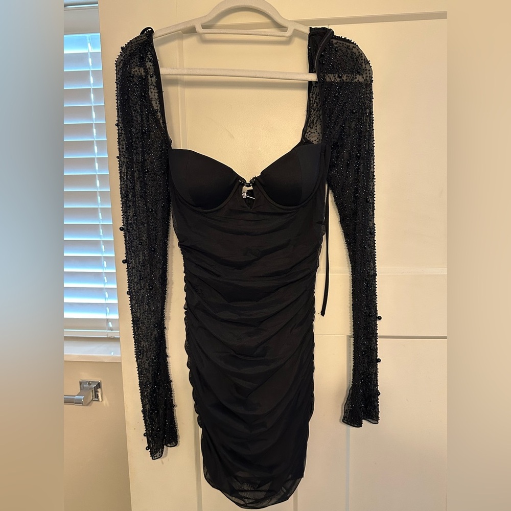 Oh Polly Black Long Sleeve Dress with Beaded Detail